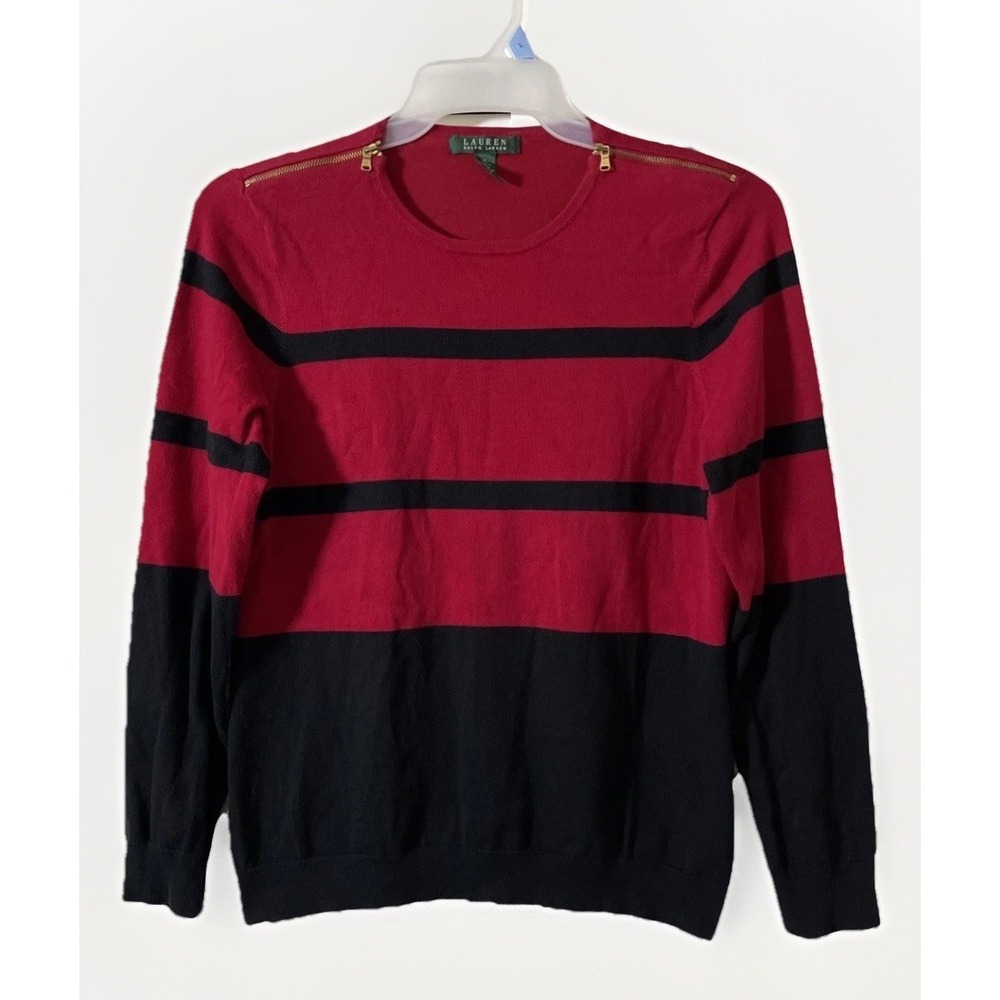 Lauren Ralph Lauren Striped Gold Zip Long Sleeve Sweater Women's XL Lightweight